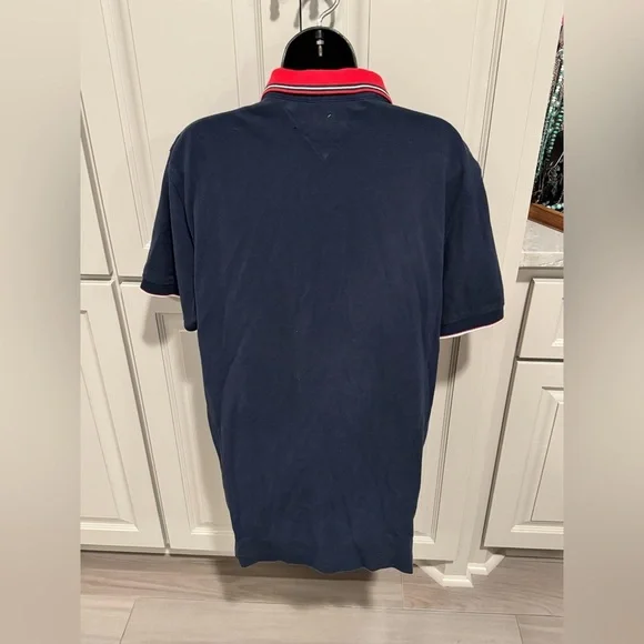 Tommy Hilfiger Navy Polo Shirt small hole by tag not noticeable shown pics LARGE - Picture 2 of 4